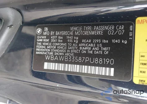 2007 BMW 328I z USA, uszkodzony, nr VIN WBAWB33587PU88190